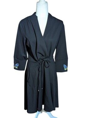 New Black Wrap dress  Embroidered Butterfly Cuffs Demure Classic NWT Sz 10